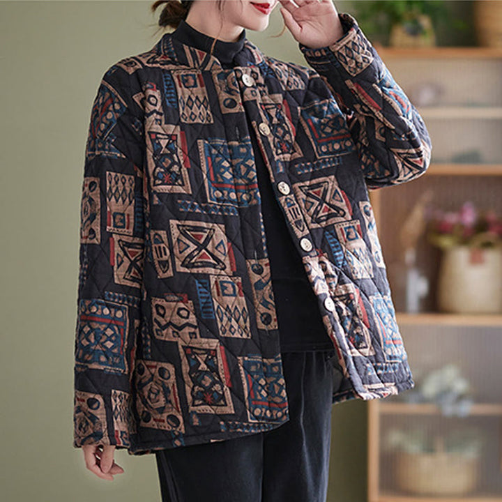 Buddha Stones Winter Square Plaid Warm Long Sleeve Cotton Jacket With Pockets