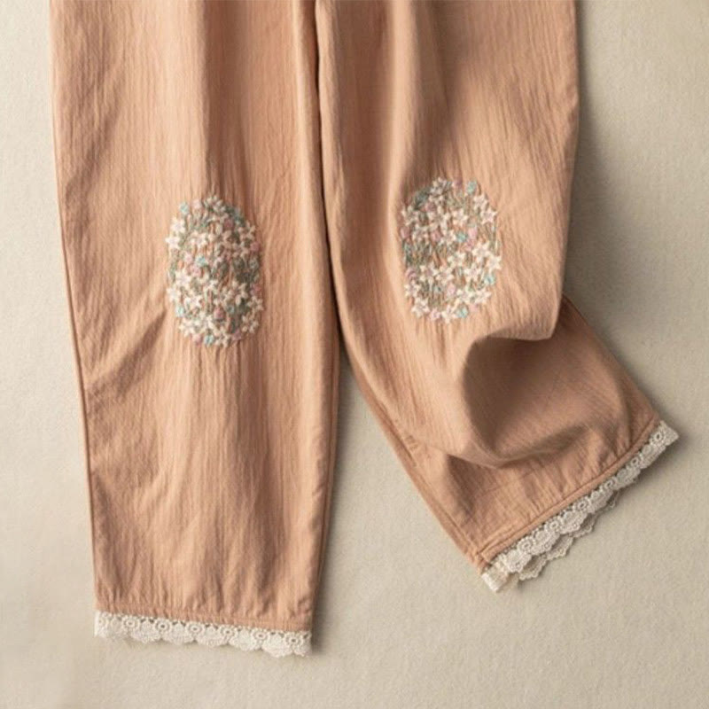 Buddha Stones Casual Lace Trim Embroidered Cotton Harem Pants With Pockets - image 3