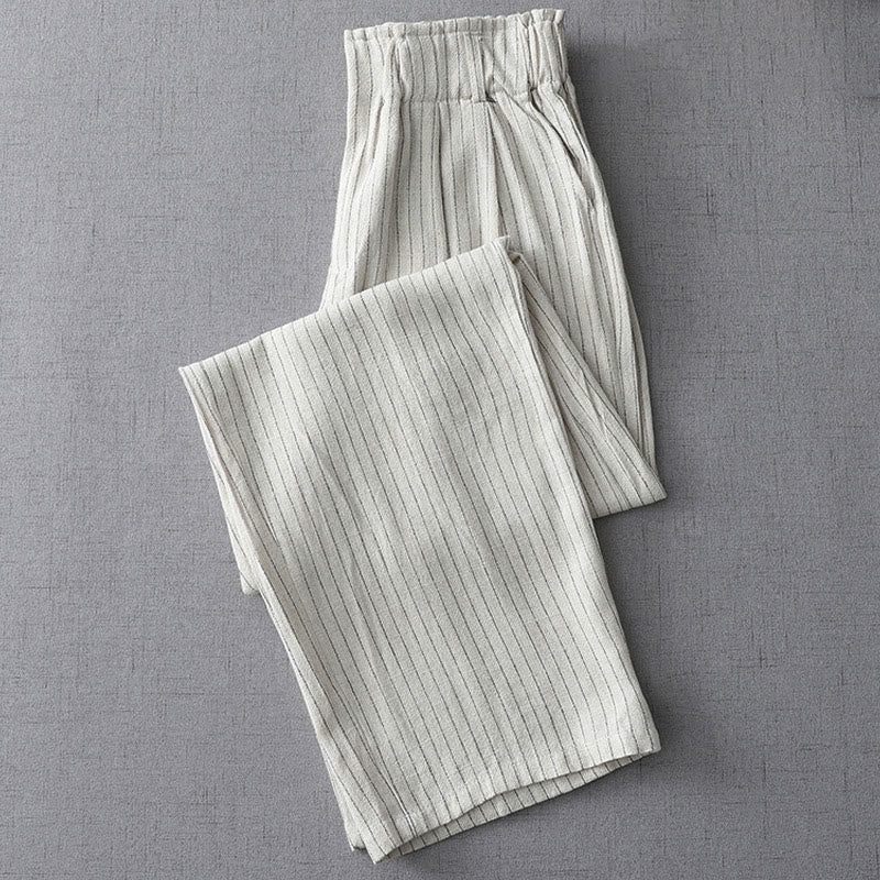 Buddha Stones Vertical Striped Cotton Linen High Waist Wide Leg Pants With Pockets