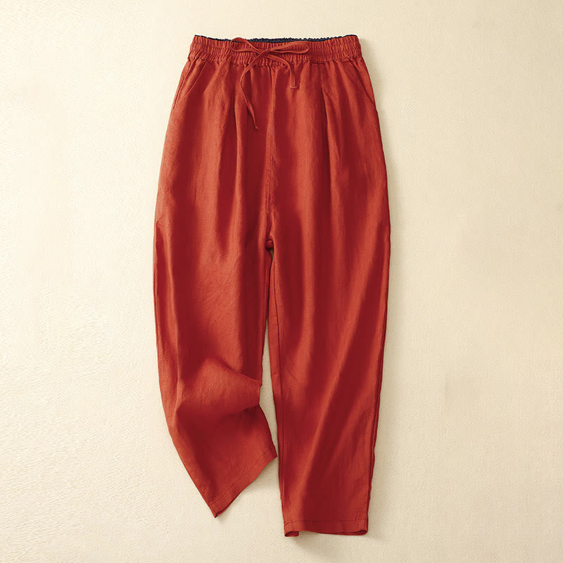 Buddha Stones Vintage High Waist Lace-up Cotton Linen Harem Pants With Pockets - Tomato - US8-10，UK/AU12-14，EU40-42 (2XL) - image 7