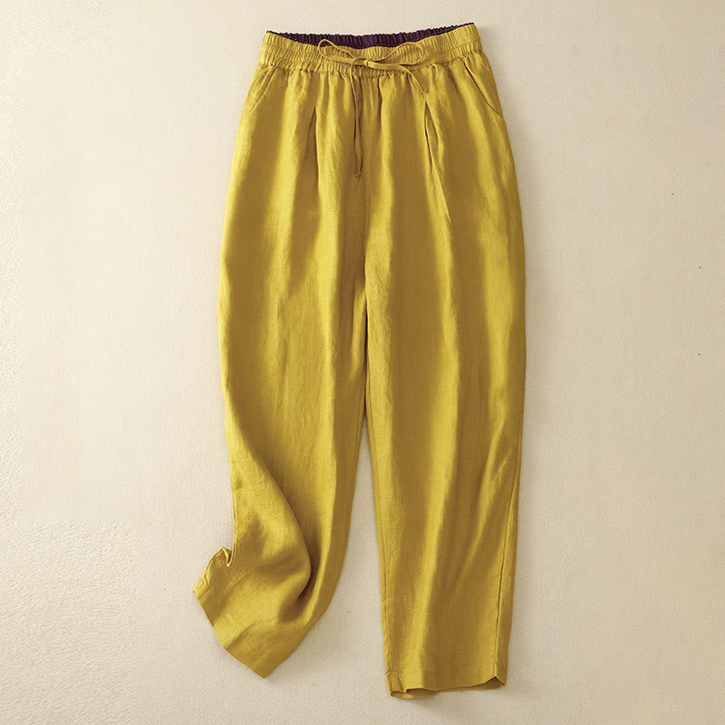 Buddha Stones Vintage High Waist Lace-up Cotton Linen Harem Pants With Pockets - Yellow - US8-10，UK/AU12-14，EU40-42 (2XL) - image 13