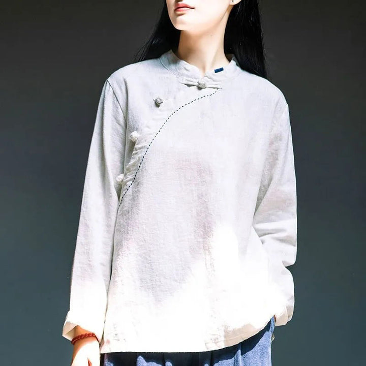 Buddha Stones Oblique Collar Knot button Cotton Loose Linen Clothing - White - US14，UK/AU18，EU46 (4XL) - image 11