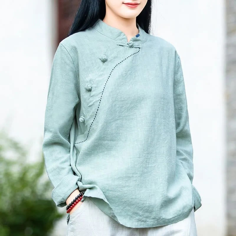 Buddha Stones Oblique Collar Knot button Cotton Loose Linen Clothing - PaleTurquoise - US14，UK/AU18，EU46 (4XL) - image 1