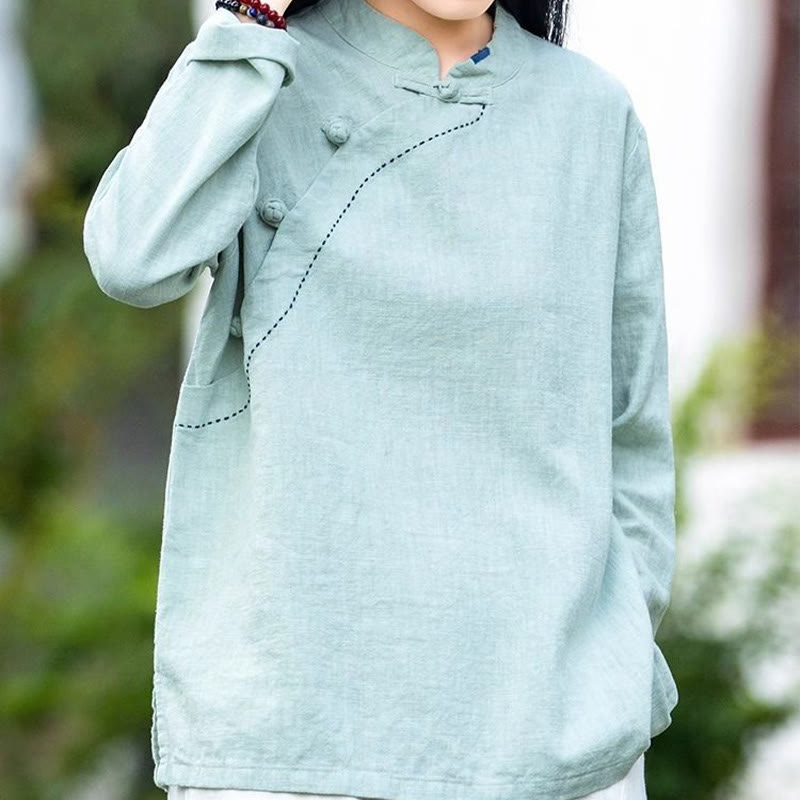 Buddha Stones Oblique Collar Knot button Cotton Loose Linen Clothing - image 2