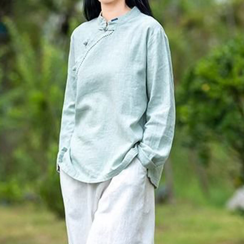 Buddha Stones Oblique Collar Knot button Cotton Loose Linen Clothing - image 5