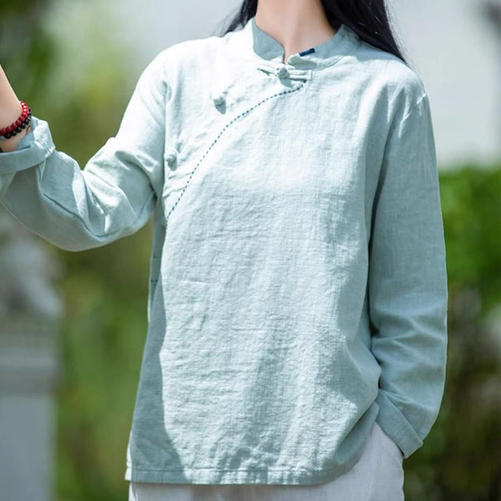 Buddha Stones Oblique Collar Knot button Cotton Loose Linen Clothing - image 4