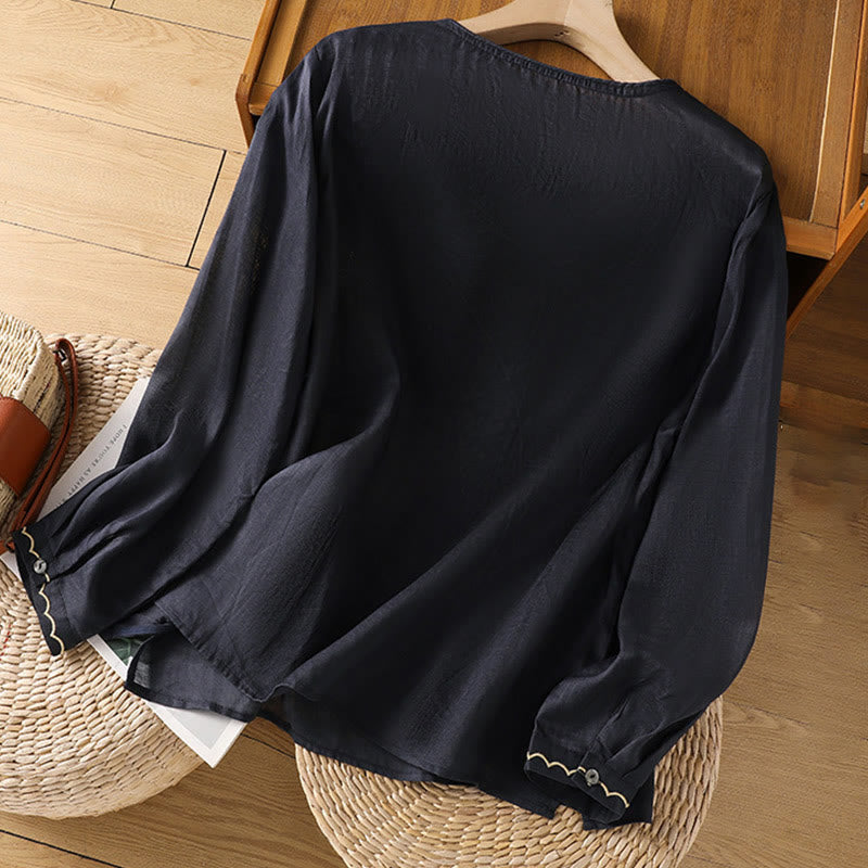 Buddha Stones Ethnic Embroidery Crew Neck Cotton Linen Pullover Clothing - image 5