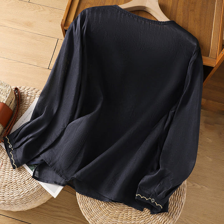 Buddha Stones Ethnic Embroidery Crew Neck Cotton Linen Pullover Clothing - image 5