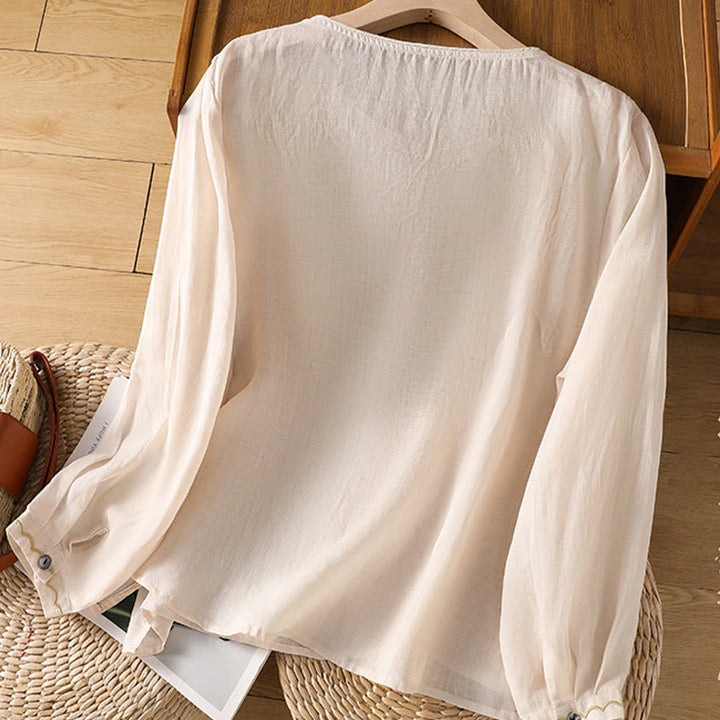 Buddha Stones Ethnic Embroidery Crew Neck Cotton Linen Pullover Clothing - image 3