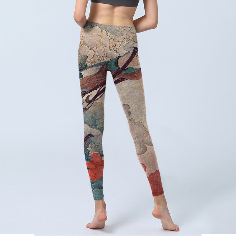 Buddha Stones Dunhuang Flying Apsaras Auspicious Clouds Print Fitness Leggings Women's Yoga Pants