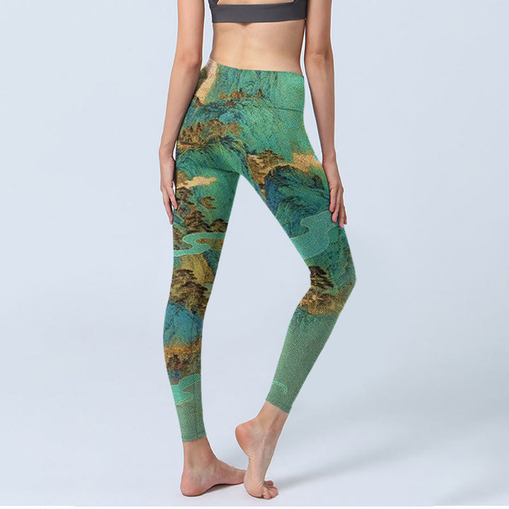 Buddha Stones Chinese Style Green Mountains Landscape Print Lycra Fabric Fitness Leggings Women's Yoga Pants - image 3