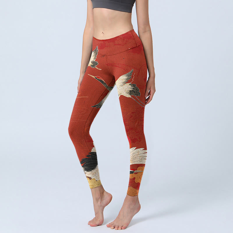 Buddha Stones Crane Print Lycra Fabric Fitness Leggings Women's Yoga Pants - Crimson - US18，UK/AU22，EU50 (4XL) - image 0