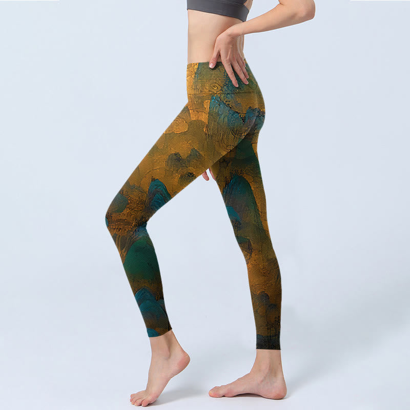 Buddha Stones Dark Goldenrod Mountain Print Fitness Leggings Women's Yoga Pants