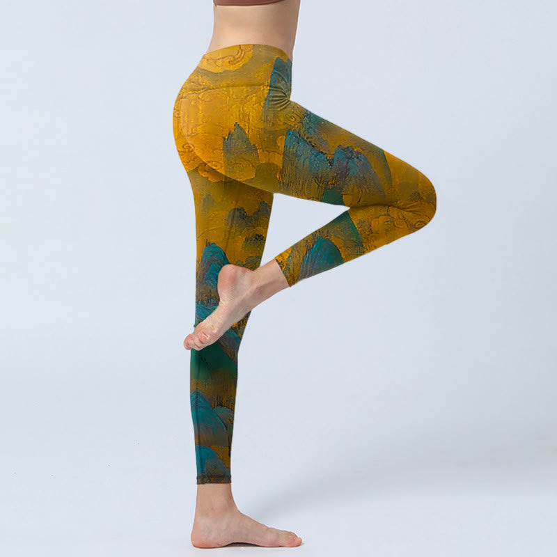 Buddha Stones Dark Goldenrod Mountain Print Fitness Leggings Women's Yoga Pants