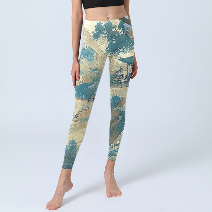 Buddha Stones Chinese Architecture Dark Sea Green Print Fitness Leggings Women's Yoga Pants