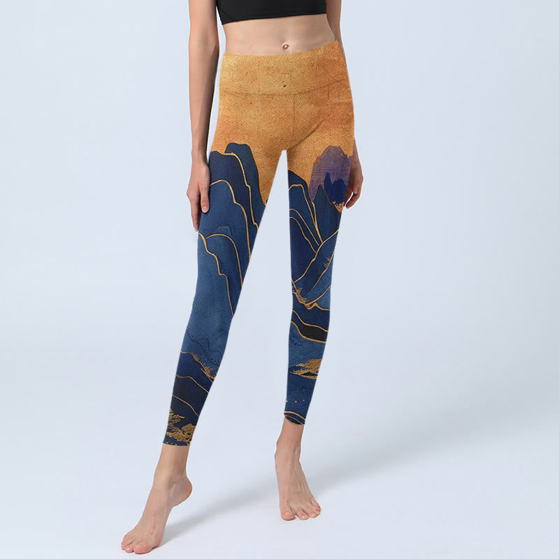 Buddha Stones Dark Blue Mountain Sunset Print Fitness Leggings Women's Yoga Pants - image 5