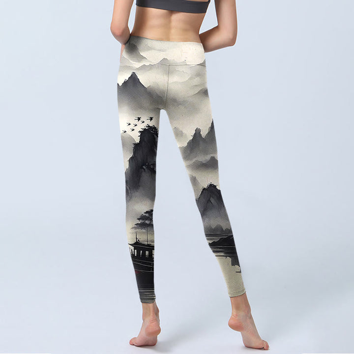 Buddha Stones Splash-ink Landscape Painting Print Fitness Leggings Women's Yoga Pants