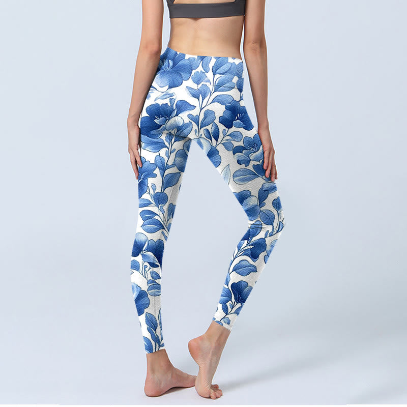 Buddha Stones Blue Flowers Print Fitness Leggings Women's Yoga Pants