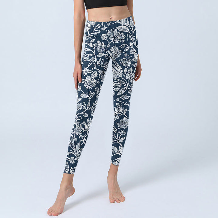 Buddha Stones Dark Blue Flower Print Fitness Leggings Women's Yoga Pants