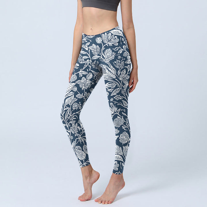 Buddha Stones Dark Blue Flower Print Fitness Leggings Women's Yoga Pants