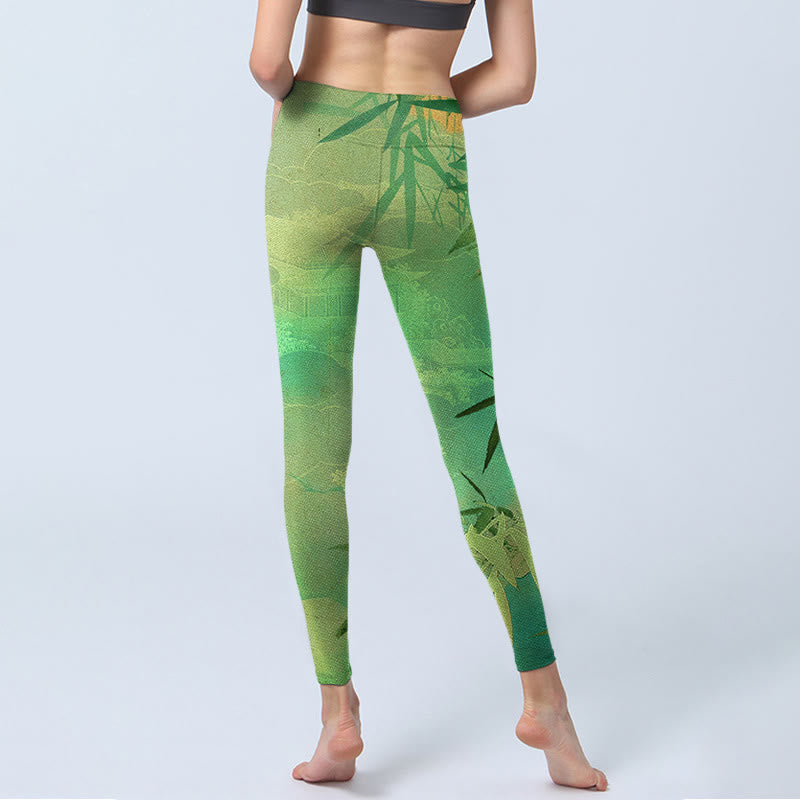 Buddha Stones Green Bamboo Pavilion Print Gym Leggings Women's Yoga Pants