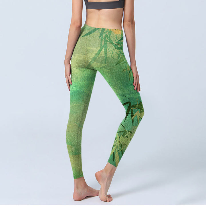 Buddha Stones Green Bamboo Pavilion Print Gym Leggings Women's Yoga Pants