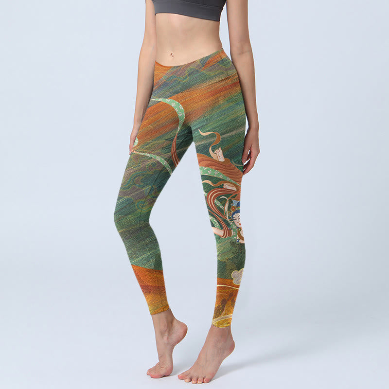 Buddha Stones Dunhuang Flying Apsaras Print Gym Leggings Women's Yoga Pants - OliveDrab - US18，UK/AU22，EU50 (4XL) - image 0
