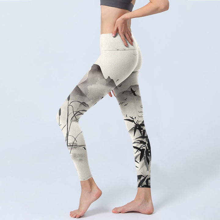 Buddha Stones Ink Bamboo Mountains Print Gym Leggings Women's Yoga Pants