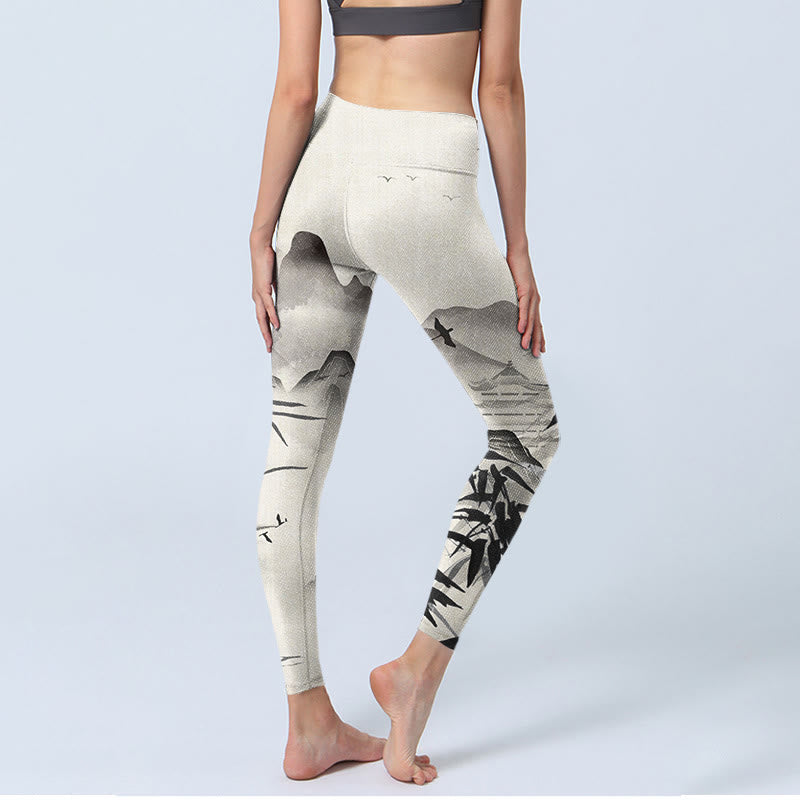 Buddha Stones Ink Bamboo Mountains Print Gym Leggings Women's Yoga Pants - image 3