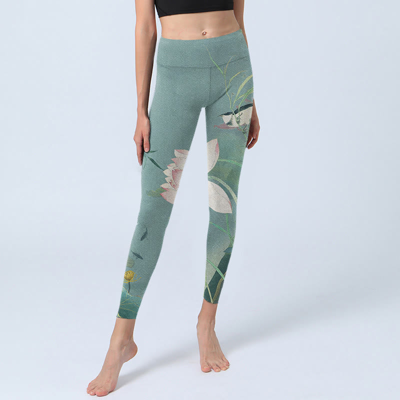 Buddha Stones Lotus Leaf Bird Print Gym Leggings Women's Yoga Pants - image 5