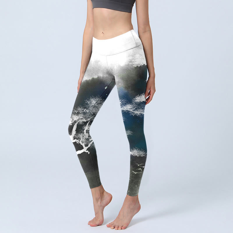 Buddha Stones Ink Painting Pine Tree Print Gym Leggings Women's Yoga Pants