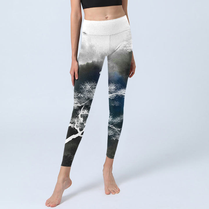 Buddha Stones Ink Painting Pine Tree Print Gym Leggings Women's Yoga Pants - image 5