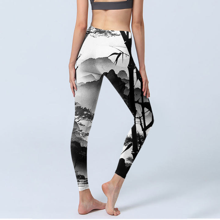 Buddha Stones Ink Painting Bamboo Pine Mountain Scenery Print Gym Leggings Women's Yoga Pants - image 4