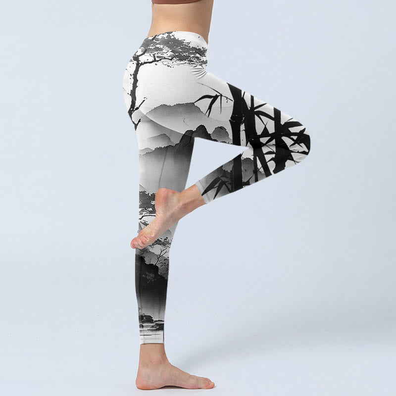 Buddha Stones Ink Painting Bamboo Pine Mountain Scenery Print Gym Leggings Women's Yoga Pants - image 3
