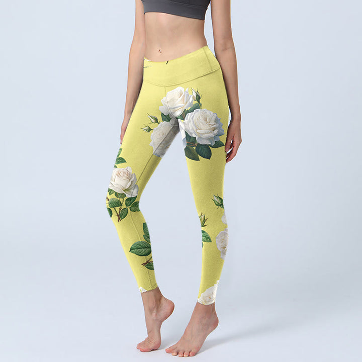 Buddha Stones Yellow White Rose Print Sports Leggings Women's Yoga Pants