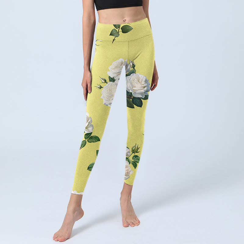 Buddha Stones Yellow White Rose Print Sports Leggings Women's Yoga Pants - image 5