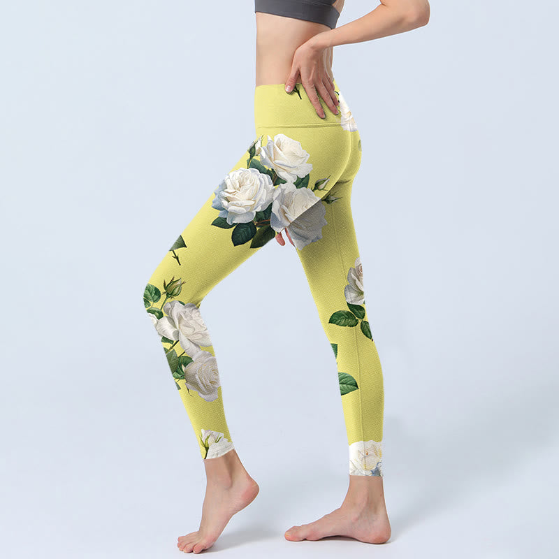 Buddha Stones Yellow White Rose Print Sports Leggings Women's Yoga Pants