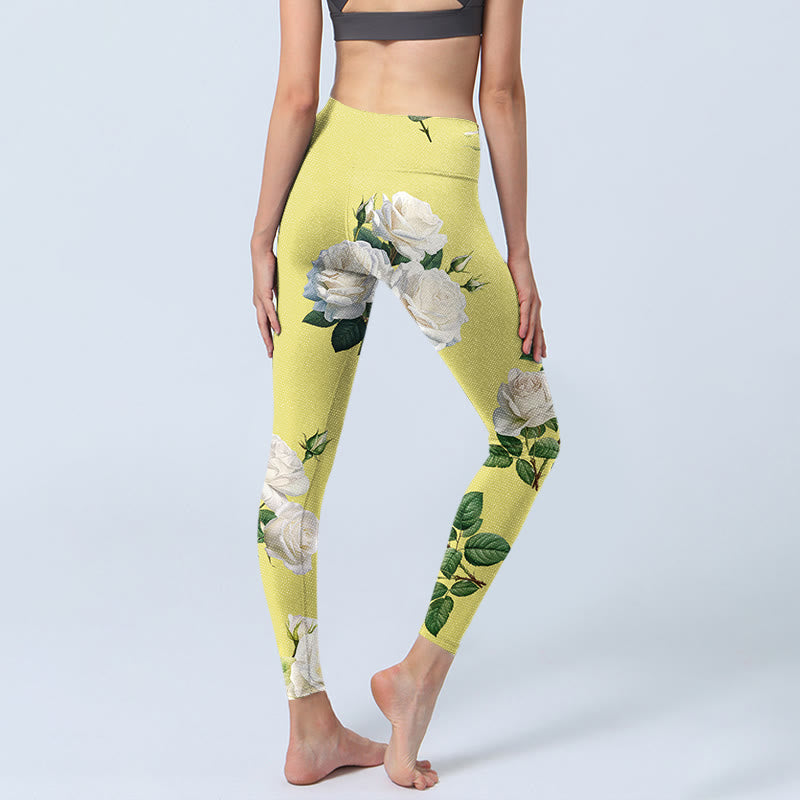 Buddha Stones Yellow White Rose Print Sports Leggings Women's Yoga Pants - image 4
