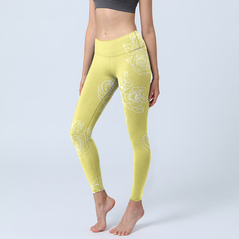 Buddha Stones Yellow Rose Print Fitness Leggings Women's Yoga Pants