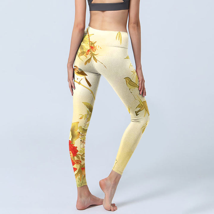 Buddha Stones Light Yellow Peony Flowers Birds Print Sports Leggings Women's Yoga Pants