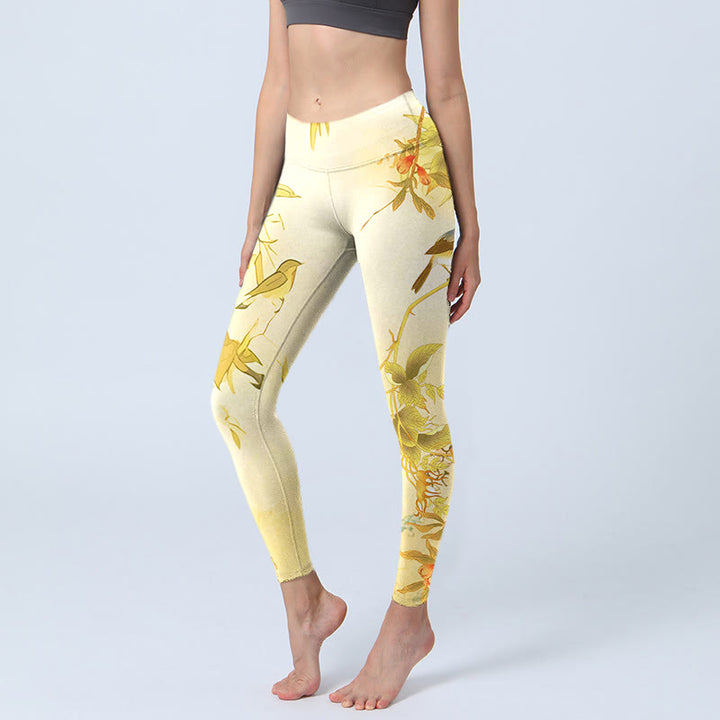 Buddha Stones Light Yellow Peony Flowers Birds Print Sports Leggings Women's Yoga Pants - LightYellow - US18，UK/AU22，EU50 (4XL) - image 0