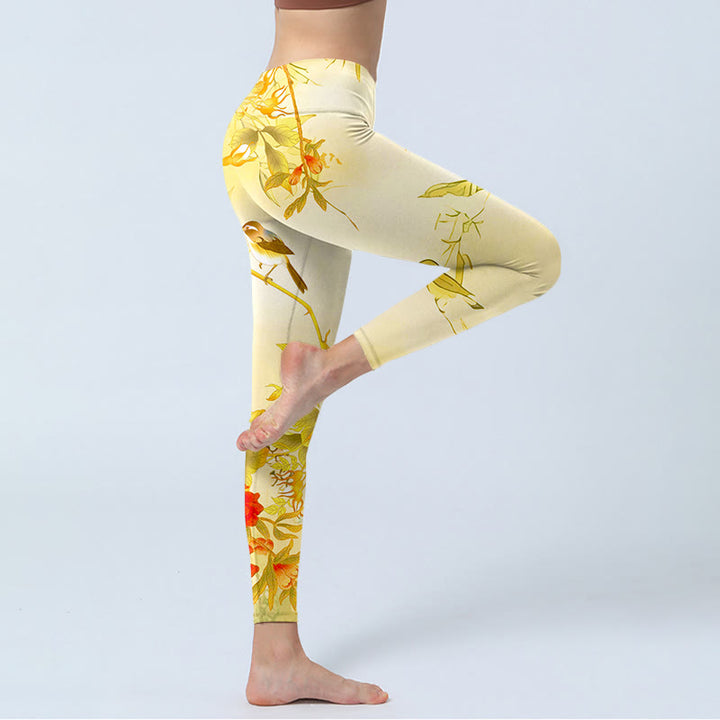 Buddha Stones Light Yellow Peony Flowers Birds Print Sports Leggings Women's Yoga Pants - image 4