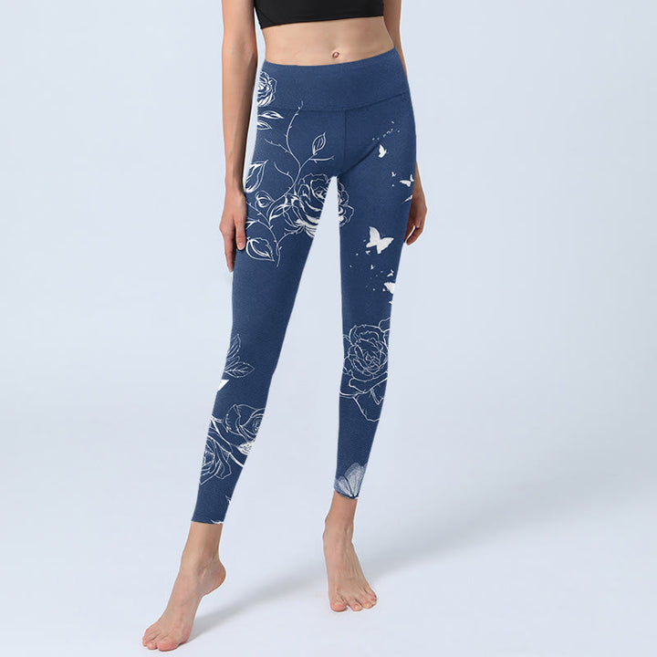 Buddha Stones Blue Rose Butterfly Print Sports Leggings Women's Yoga Pants