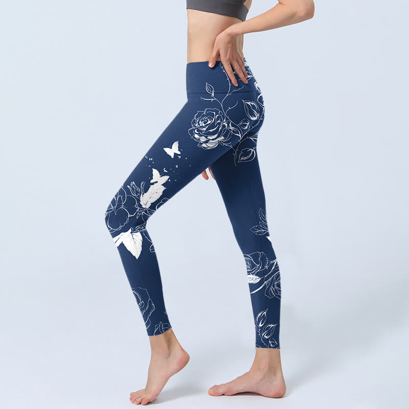 Buddha Stones Blue Rose Butterfly Print Sports Leggings Women's Yoga Pants - image 3