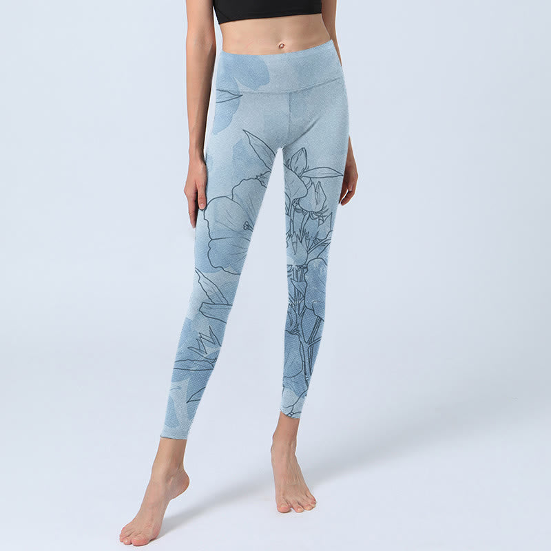Buddha Stones Blue Flower Sketch Print Sports Leggings Women's Yoga Pants - image 6