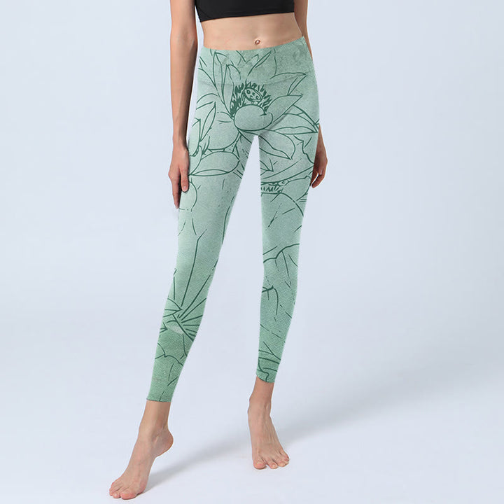 Buddha Stones Green Lotus Flower Print Sports Leggings Women's Yoga Pants