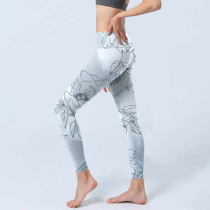 Buddha Stones Peony Flower Leaves Print Gym Leggings Women's Yoga Pants