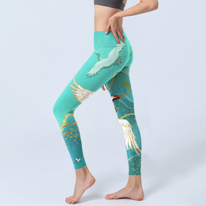 Buddha Stones Mint Green Mountain Crane Print Fitness Leggings Women's Yoga Pants