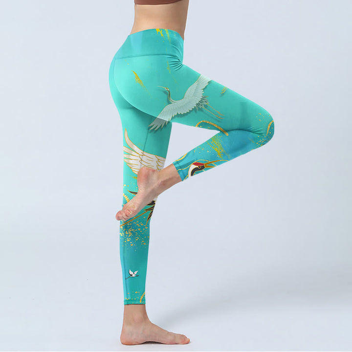 Buddha Stones Mint Green Mountain Crane Print Fitness Leggings Women's Yoga Pants - image 4
