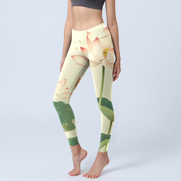 Buddha Stones Lotus Flower Leaf Dragonfly Print Fitness Leggings Women's Yoga Pants - AntiqueWhite - US18，UK/AU22，EU50 (4XL) - image 0